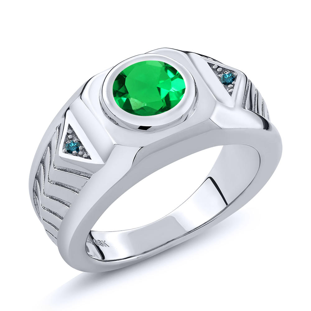 Gem Stone King 1.68 Ct Round Green Simulated Emerald Blue Diamond 925 Silver Men's Ring