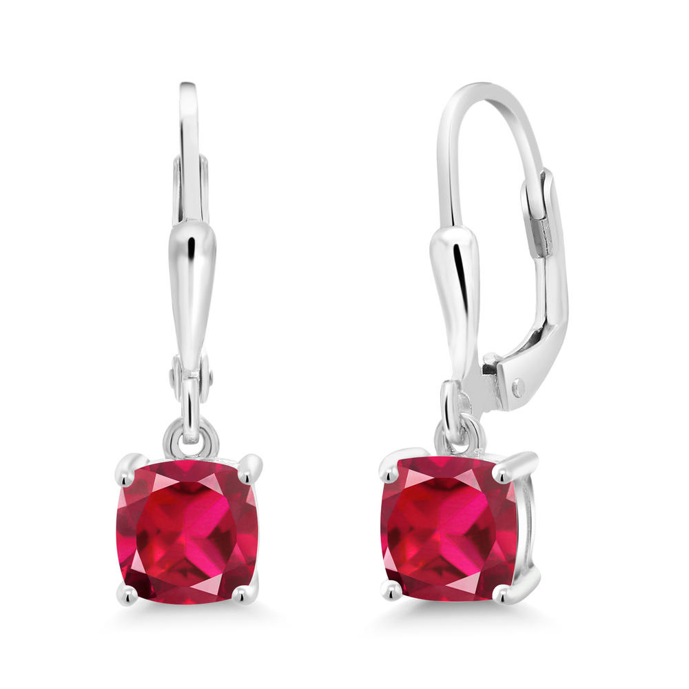 Gem Stone King 925 Sterling Silver Red Created Ruby Dangle Earrings For Women (2.00 Cttw, Gemstone July Birthstone, Cushion 6MM)