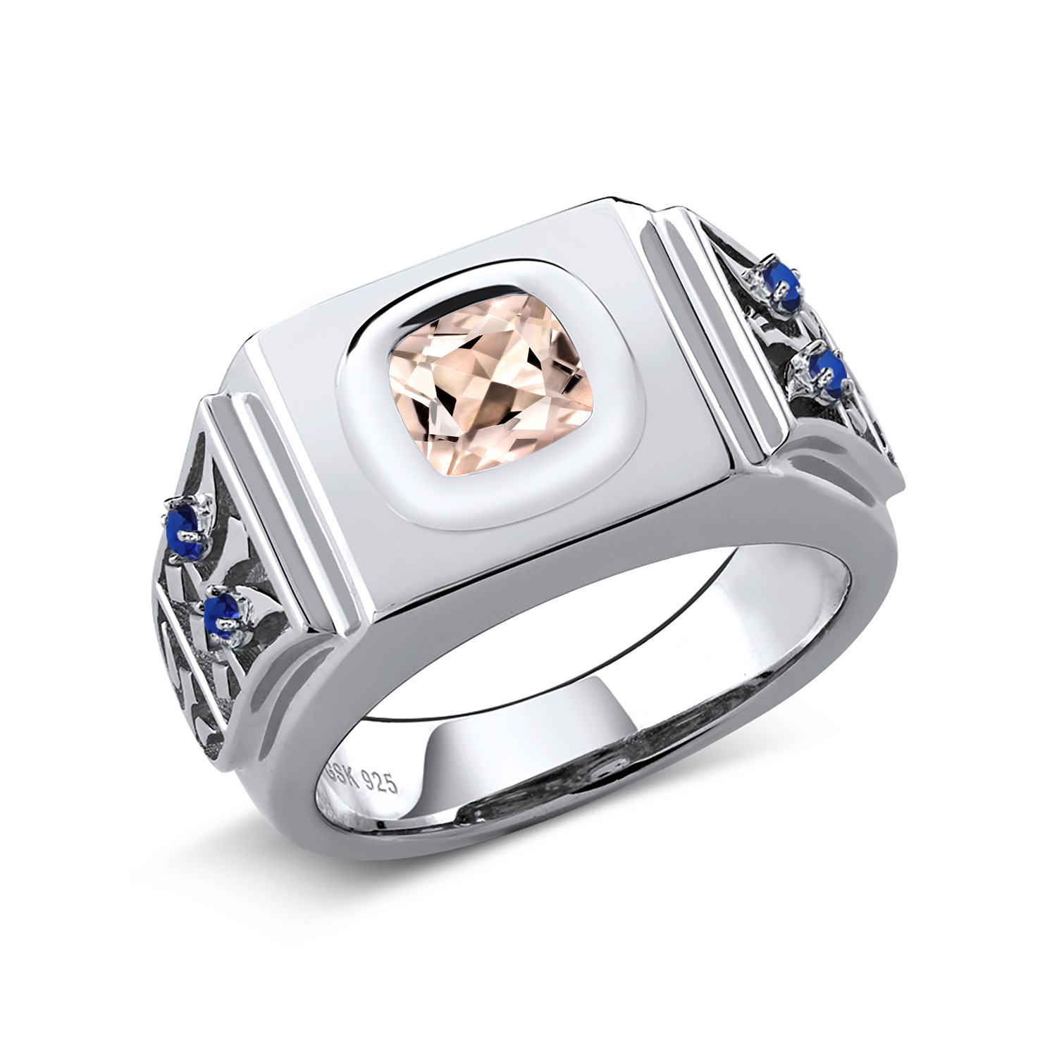 Gem Stone King 1.92 Ct Peach Morganite Blue Created Sapphire 925 Sterling Silver Men's Ring