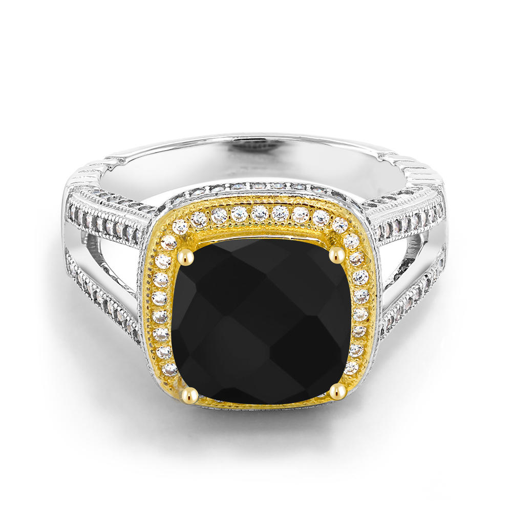 Gem Stone King 925 Two-Tone Sterling Silver 5.66 Ct Cushion Checkerboard Black Onyx Halo Ring