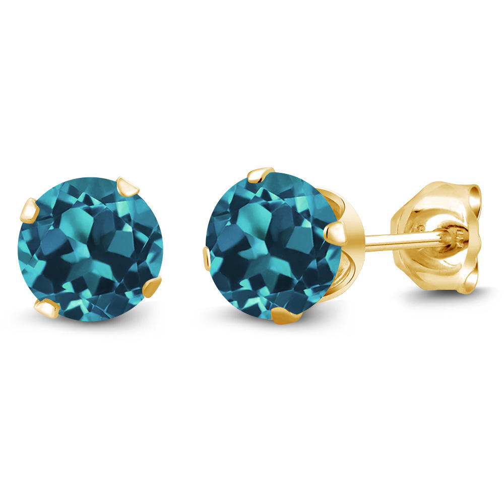 Gem Stone King 1.00 Ct Round 5mm London Blue Topaz 18K Yellow Gold Plated Silver Stud Earrings