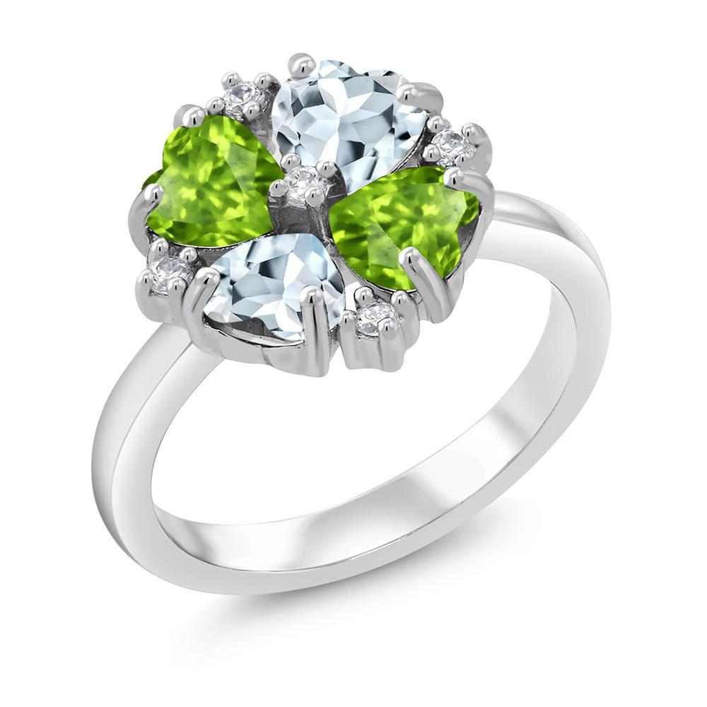 Gem Stone King 1.84 Ct Heart Shape Green Peridot Sky Blue Aquamarine 925 Sterling Silver Ring