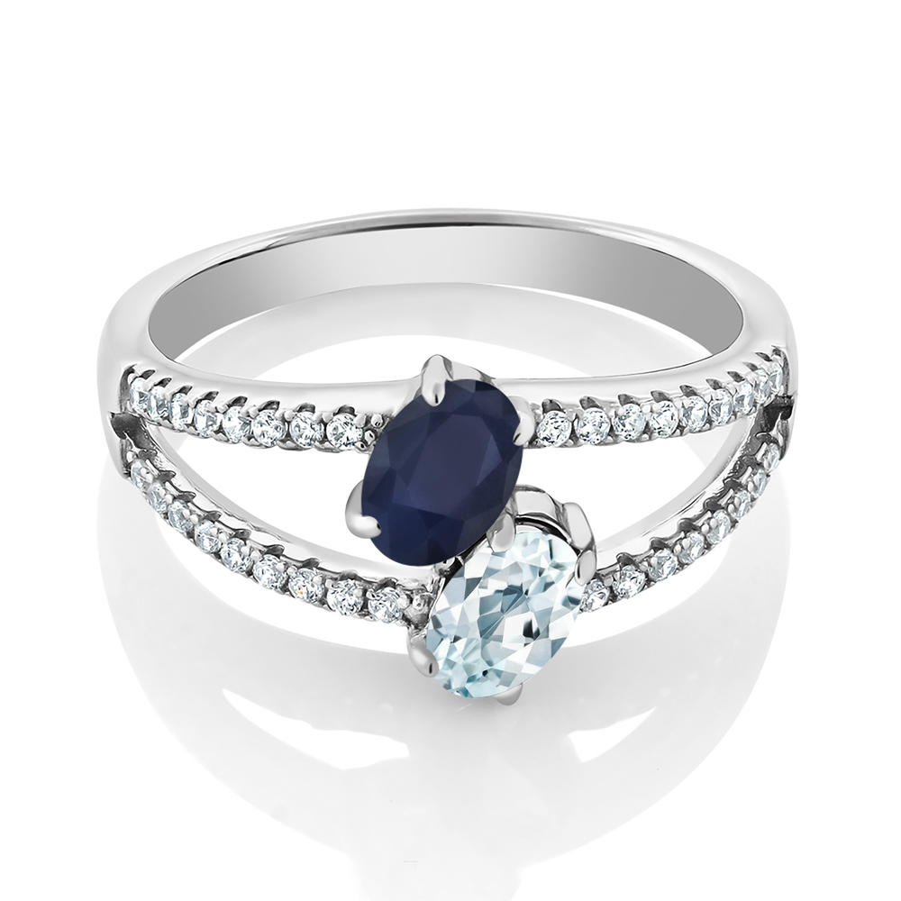 Gem Stone King 1.39 Ct Blue Sapphire Sky Blue Aquamarine Two Stone 925 Sterling Silver Ring