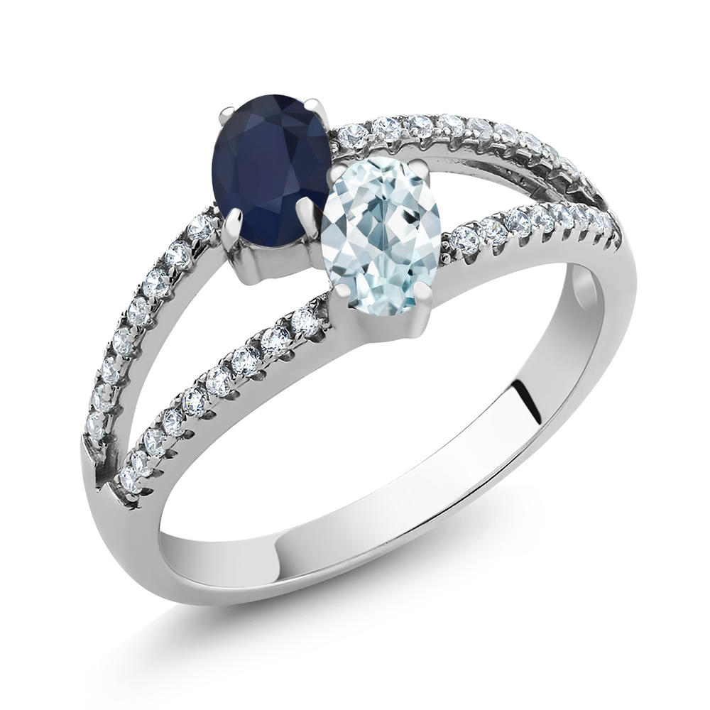 Gem Stone King 1.39 Ct Blue Sapphire Sky Blue Aquamarine Two Stone 925 Sterling Silver Ring