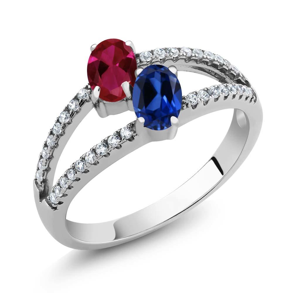 Gem Stone King 1.41 Ct Created Ruby Blue Created Sapphire Two Stone 925 Sterling Silver Ring