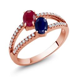 Gem Stone King 1.56 Ct Oval Red Ruby Blue Sapphire Two Stone 18K Rose Gold Plated Silver Ring