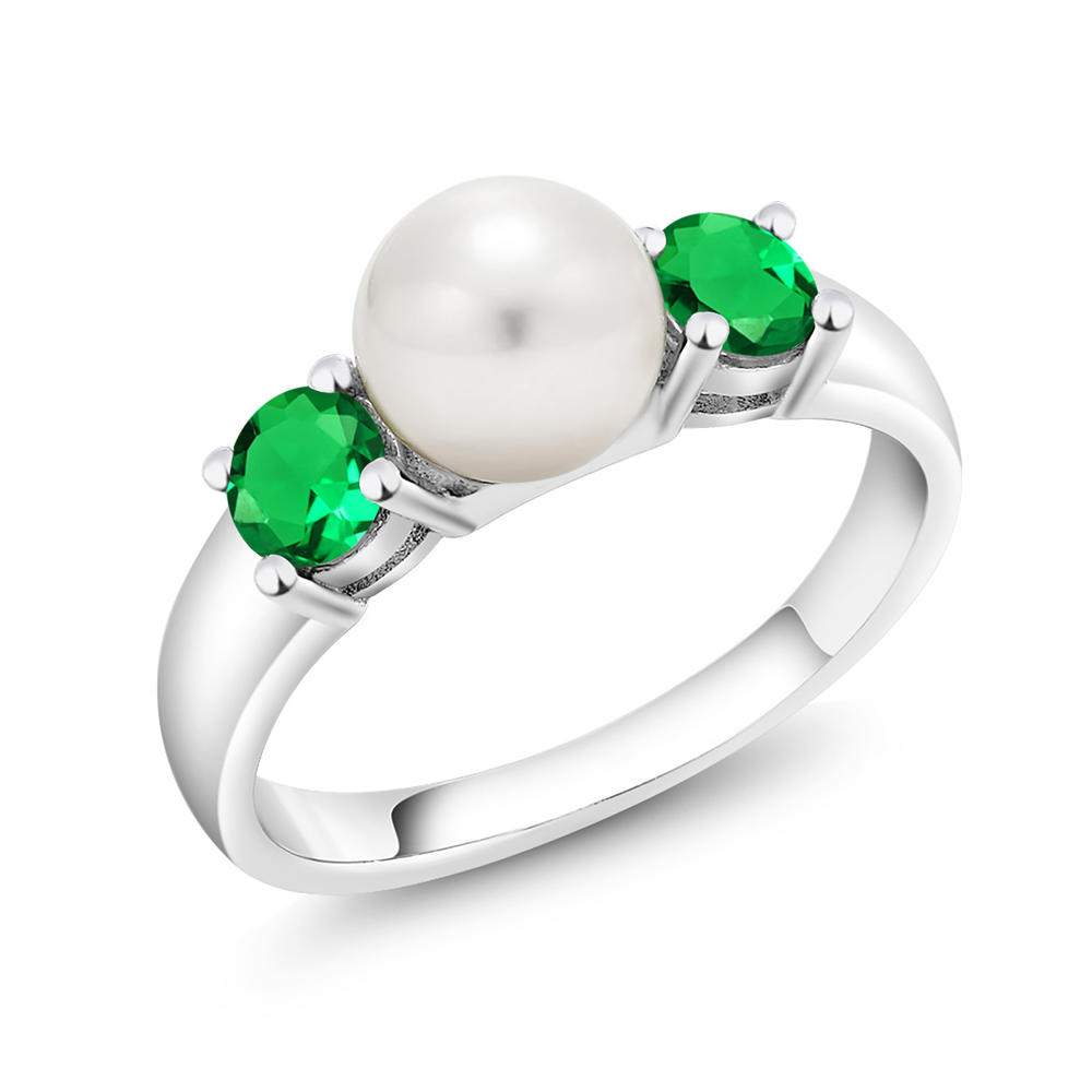 Gem Stone King 0.80 Ct Green Simulated Emerald 925 Sterling Silver Freshwater Pearl Ring