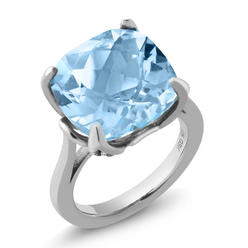 Gem Stone King 9.18 Ct Cushion Checkerboard Sky Blue Topaz 925 Sterling Silver Women's Ring