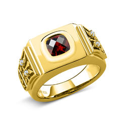 Gem Stone King 2.46 Ct Cushion Checkerboard Red Garnet 18K Yellow Gold Plated Silver Men's Ring
