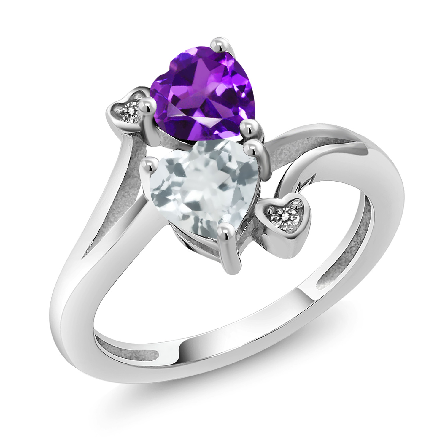 Gem Stone King 1.63 Ct Heart Shape Purple Amethyst Sky Blue Topaz 925 Sterling Silver Diamond Ring