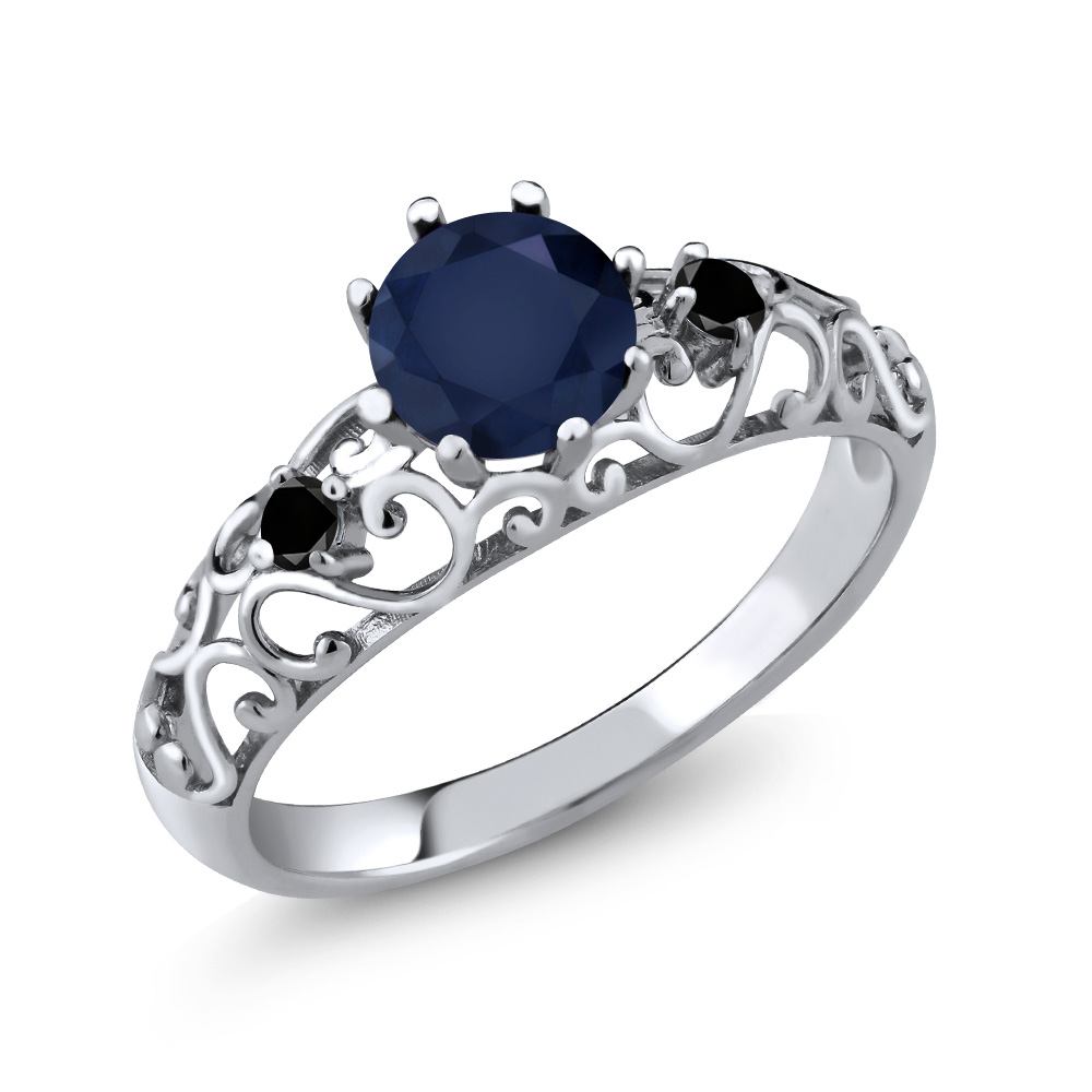 Gem Stone King 1.11 Ct Round Blue Sapphire Black Diamond 925 Sterling Silver Ring