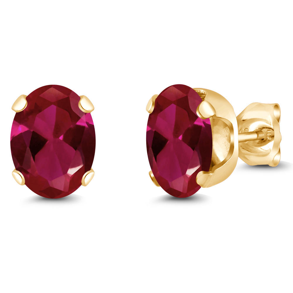 Gem Stone King 2.30 Ct Oval 8x6mm Red Created Ruby 18K Yellow Gold Plated Silver Stud Earrings