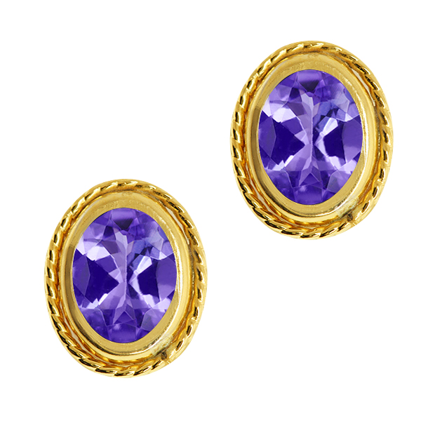 Gem Stone King 1.50 Ct Oval Tanzanite 18K Yellow Gold Plated Silver Stud Earrings 7X5MM