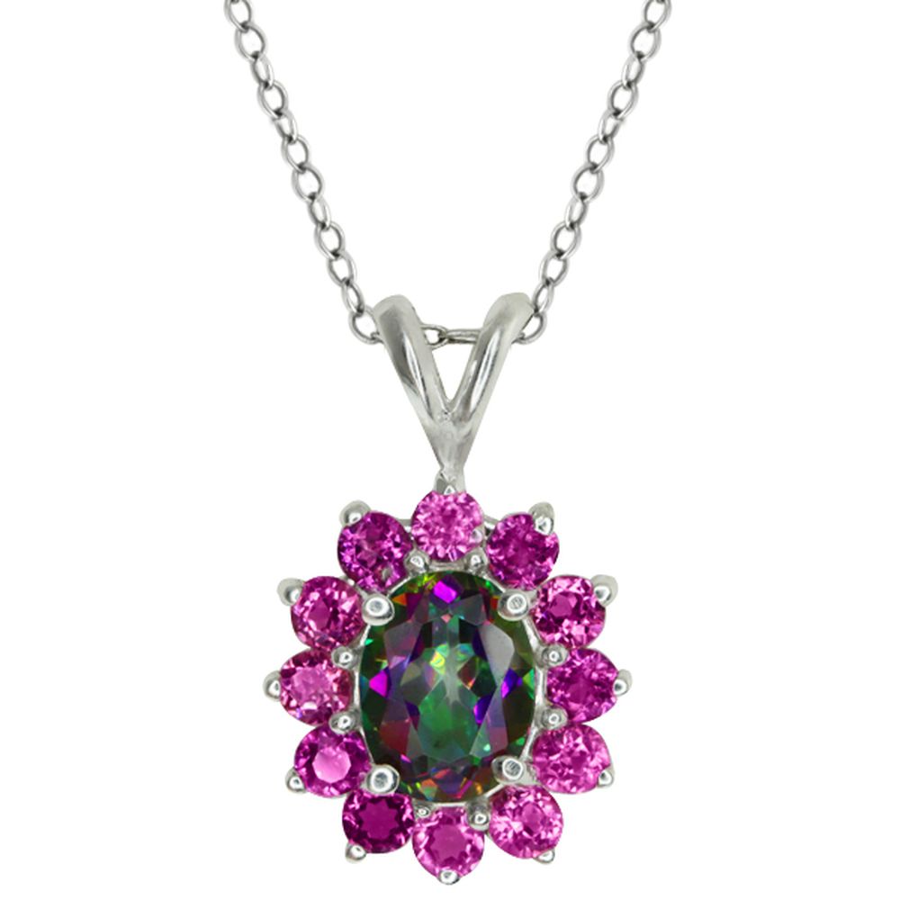 Gem Stone King 2.56 Ct Oval Green Mystic Topaz and Pink Sapphire Sterling Silver Pendant 18 Inches