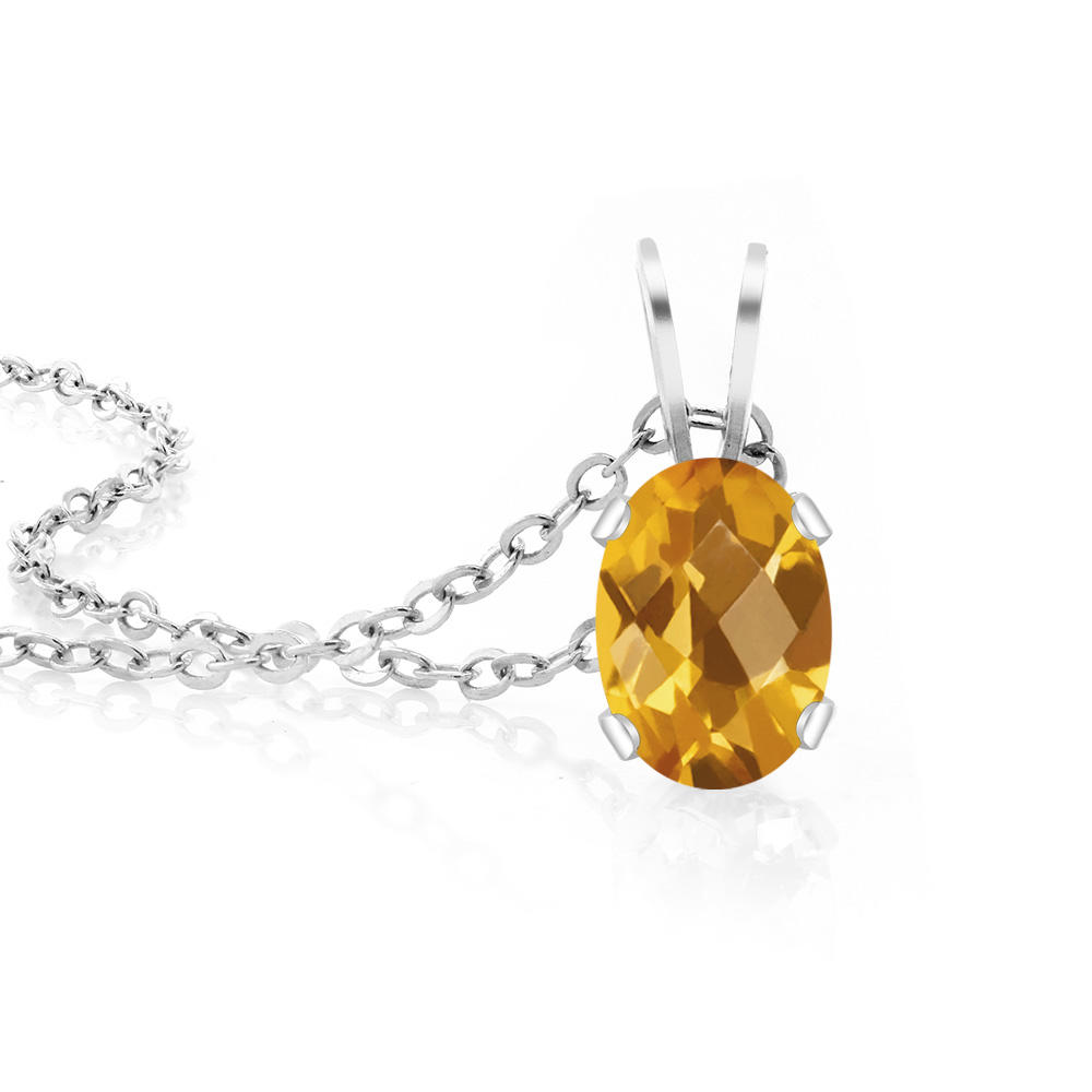 Gem Stone King 0.70 Ct Oval Checkerboard Shape Yellow Citrine 925 Sterling Silver Pendant