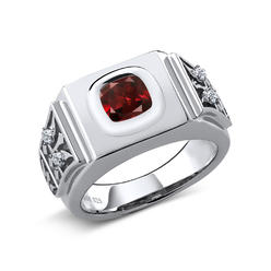 Gem Stone King 925 Sterling Silver Men's Cushion Red Garnet and White Topaz Ring (2.78 Cttw, Available in Size 9,10,11,12,13)