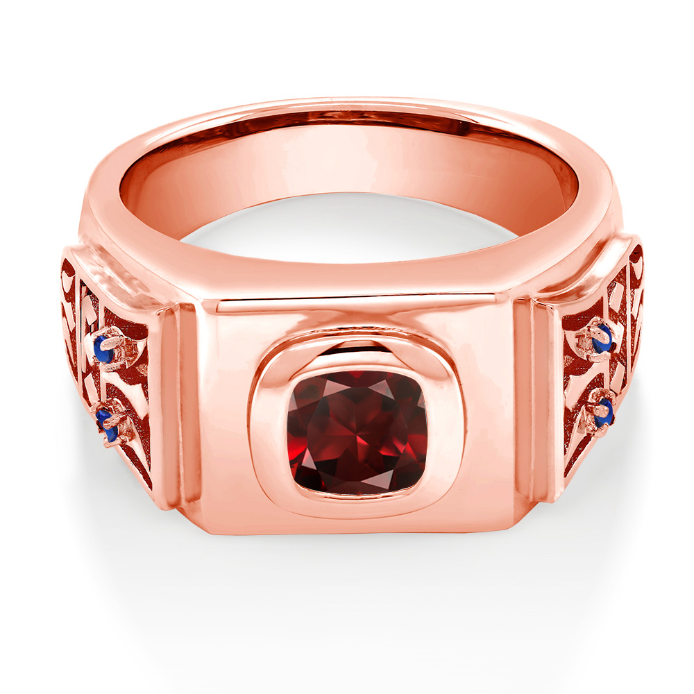 Gem Stone King 2.78Ct Red Garnet Blue Created Sapphire 18K Rose Gold Plated Silver Men's Ring