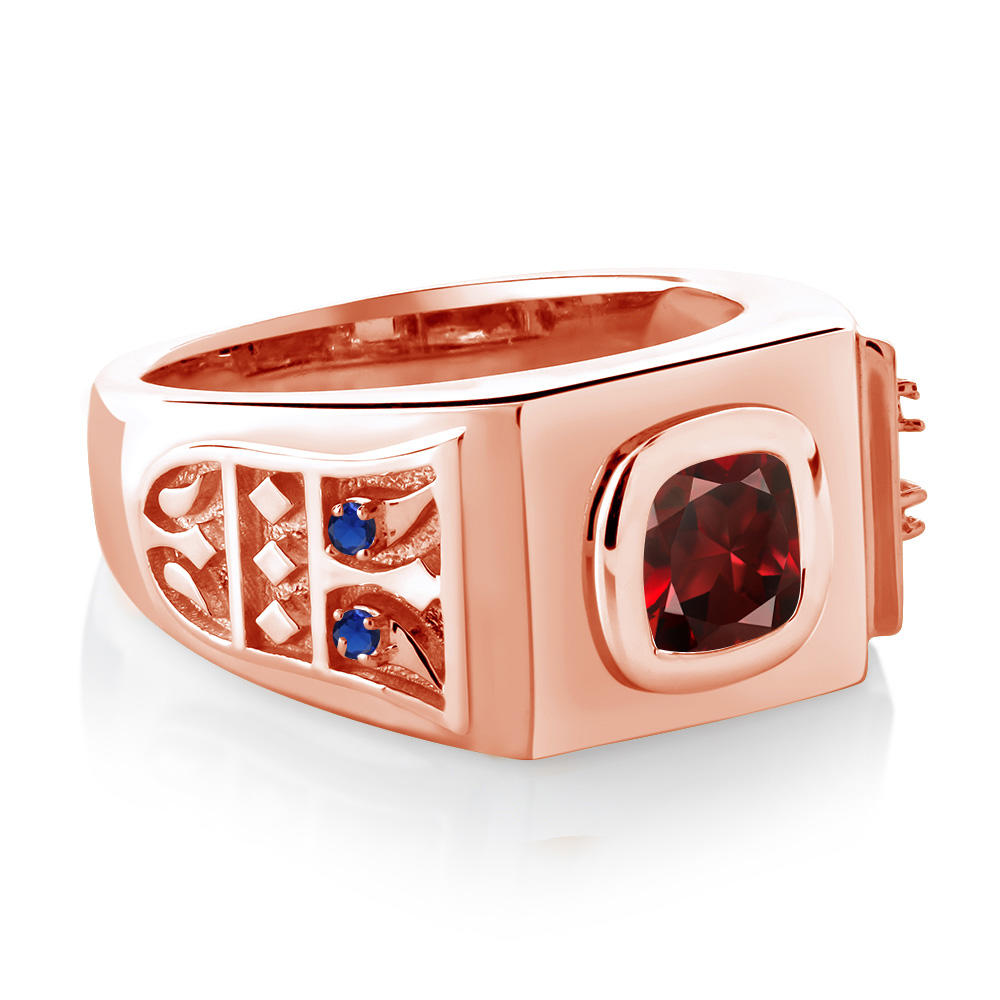 Gem Stone King 2.78Ct Red Garnet Blue Created Sapphire 18K Rose Gold Plated Silver Men's Ring