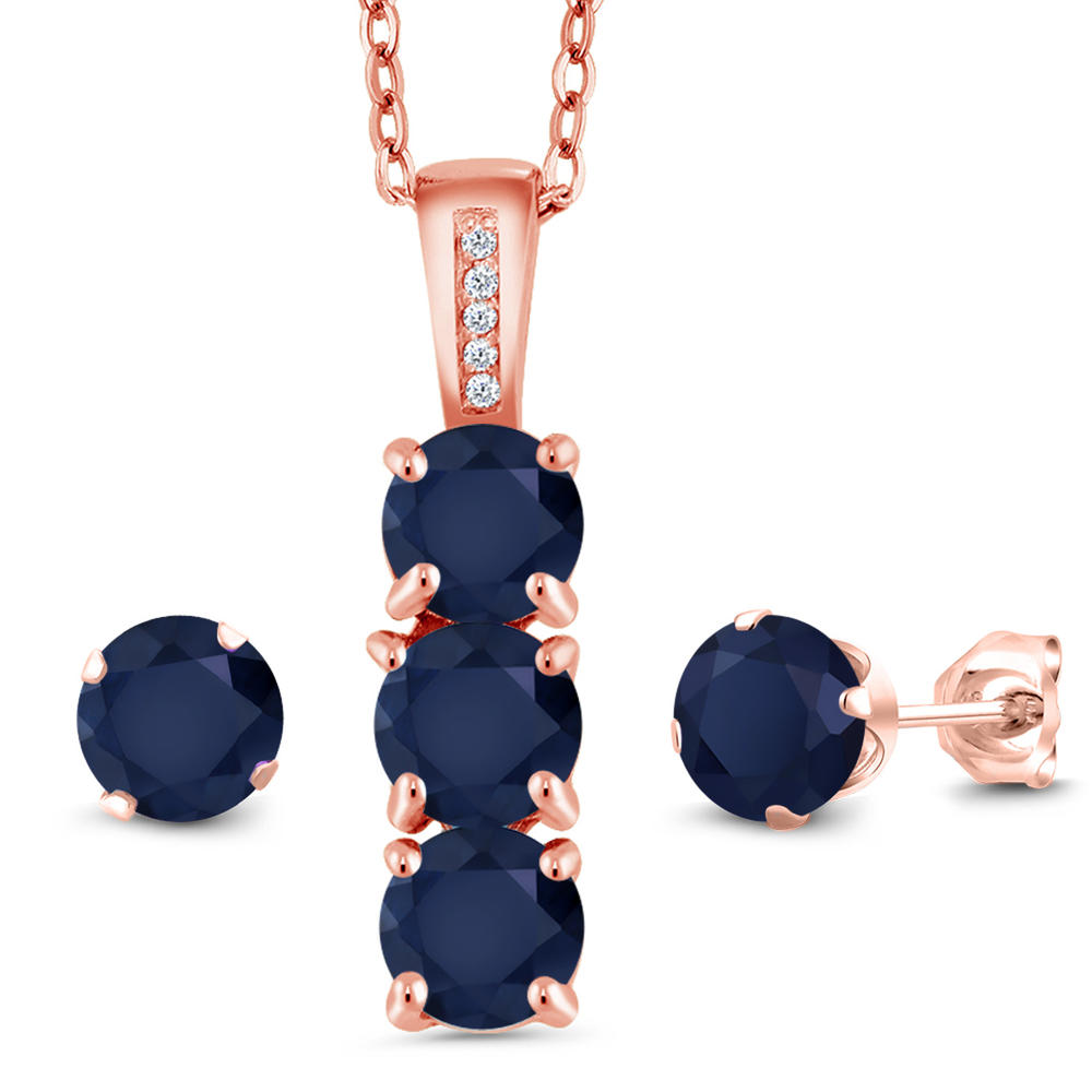 Gem Stone King 3.04 Ct Blue Sapphire White Diamond 18K Rose Gold Plated Silver Pendant and Earrings Jewelry Set