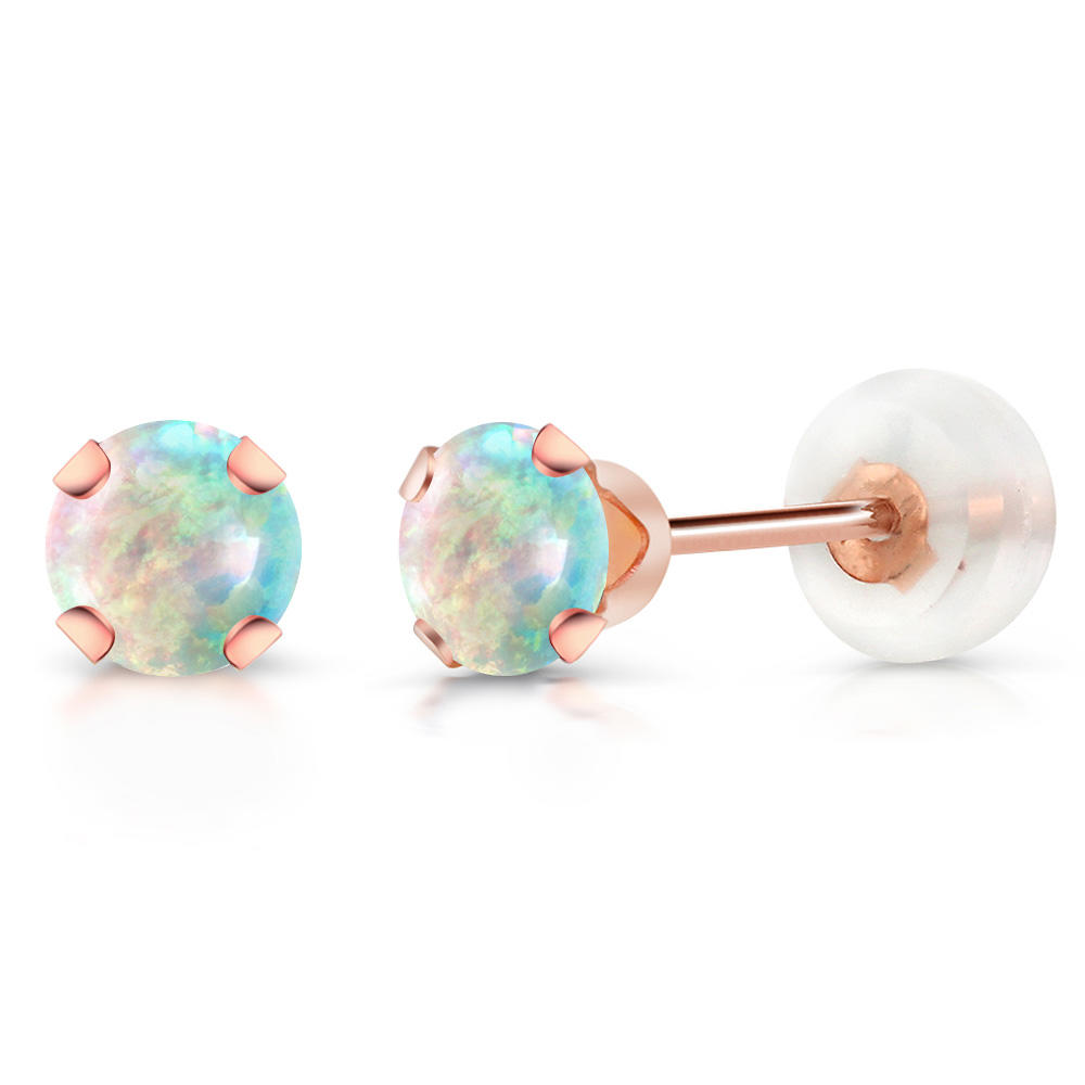 Gem Stone King 10K Rose Gold White Simulated Opal Stud Earrings For Women (0.50 Cttw, Round Cabochon 4MM)