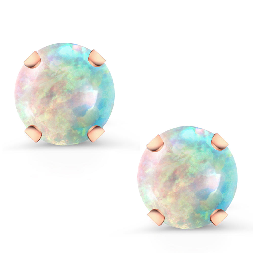 Gem Stone King 1.50 Ct Round Cabochon 6mm White Simulated Opal 10K Rose Gold Stud Earrings