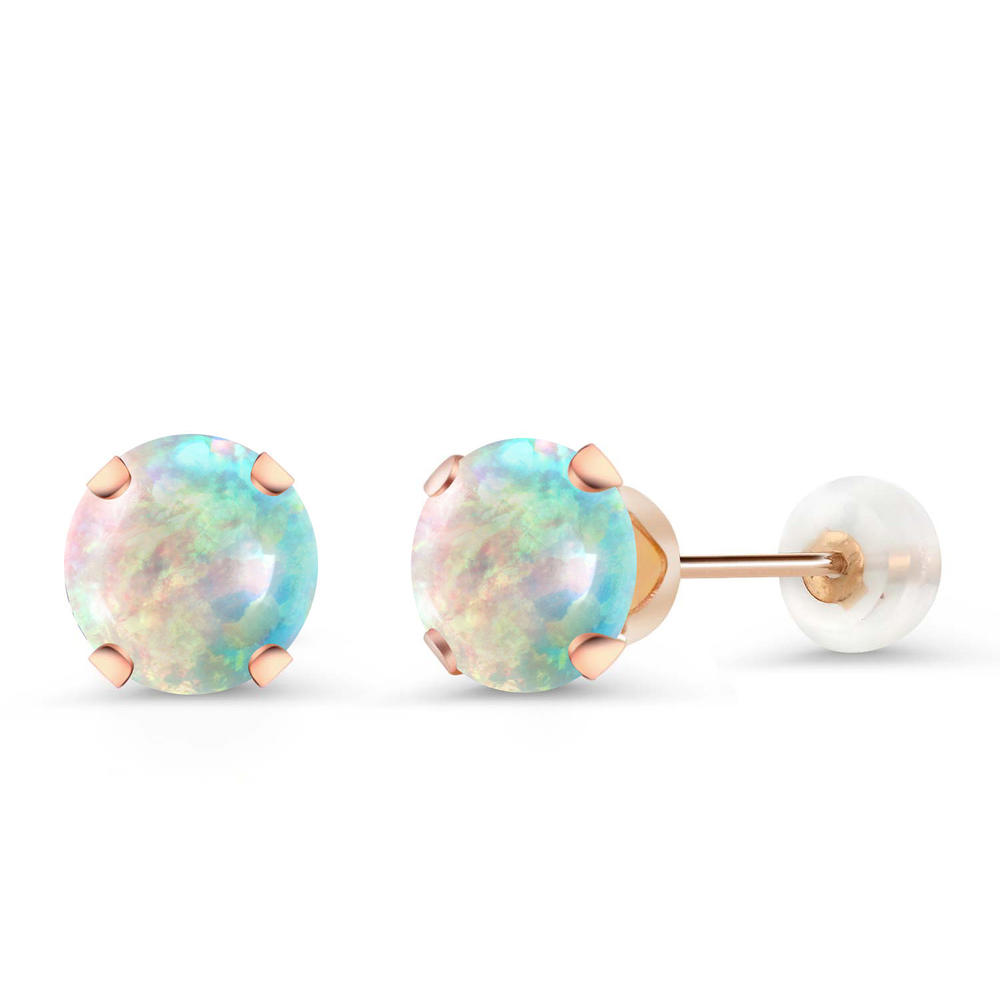 Gem Stone King 1.50 Ct Round Cabochon 6mm White Simulated Opal 10K Rose Gold Stud Earrings