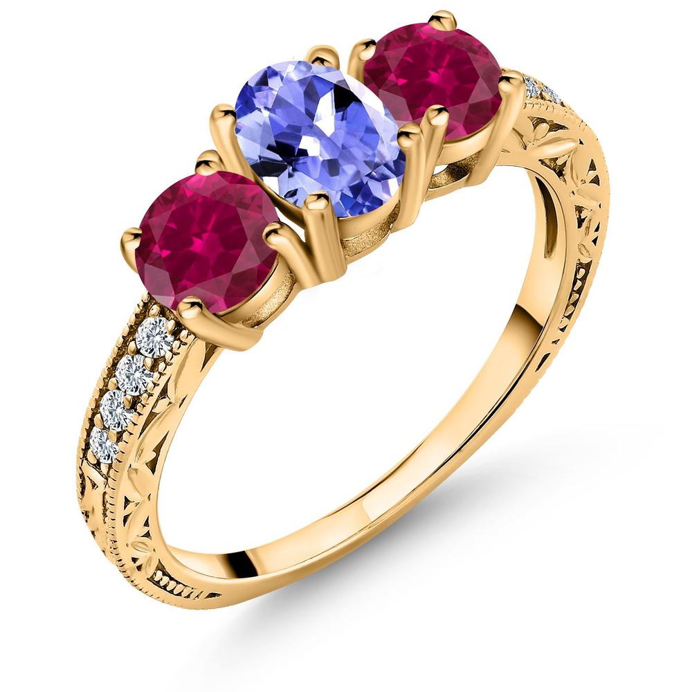Gem Stone King 2.87 Ct Oval Blue Tanzanite Red Created Ruby 18K Yellow Gold Plated Silver Ring