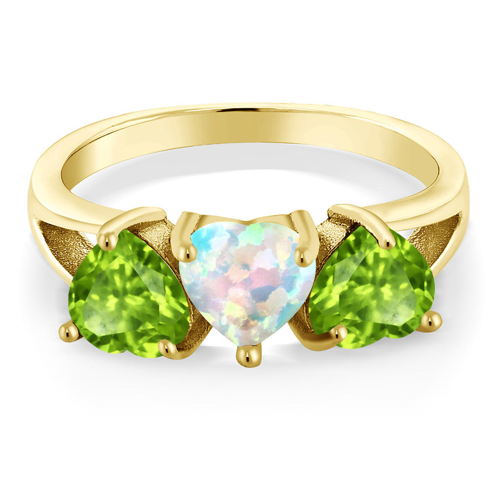 Gem Stone King 2.25 Ct White Simulated Opal Green Peridot 18K Yellow Gold Plated Silver Ring