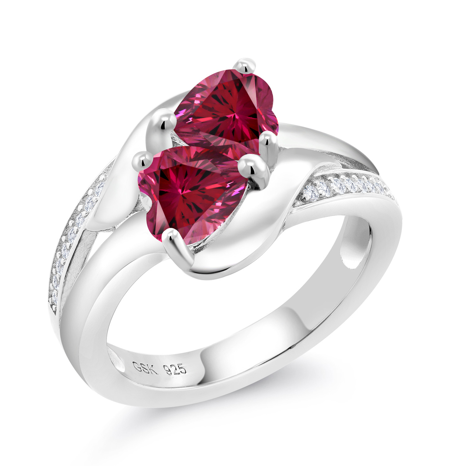 Gem Stone King 925 Silver Class Ring White Created Sapphire and Set with Red Zirconia