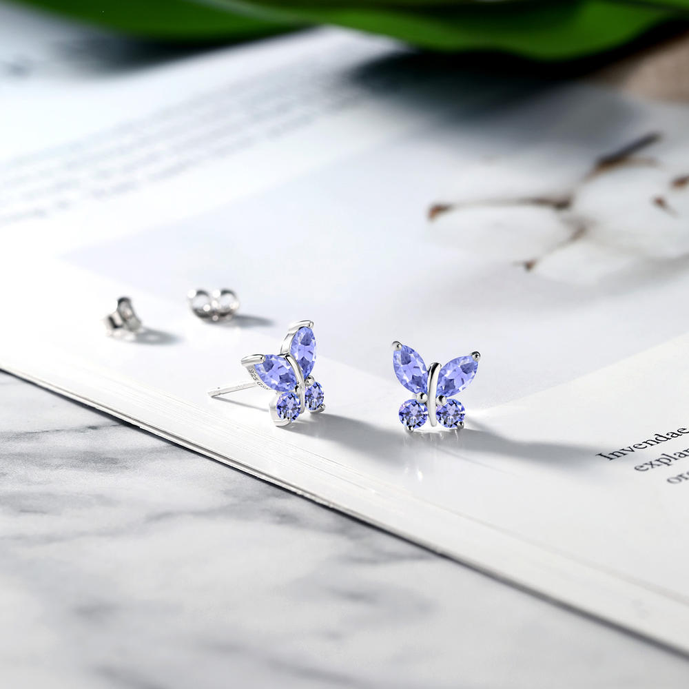 Gem Stone King 925 Sterling Silver Blue Tanzanite Butterfly Earrings For Women (1.60 Cttw, Gemstone Birthstone, Marquise Cut)