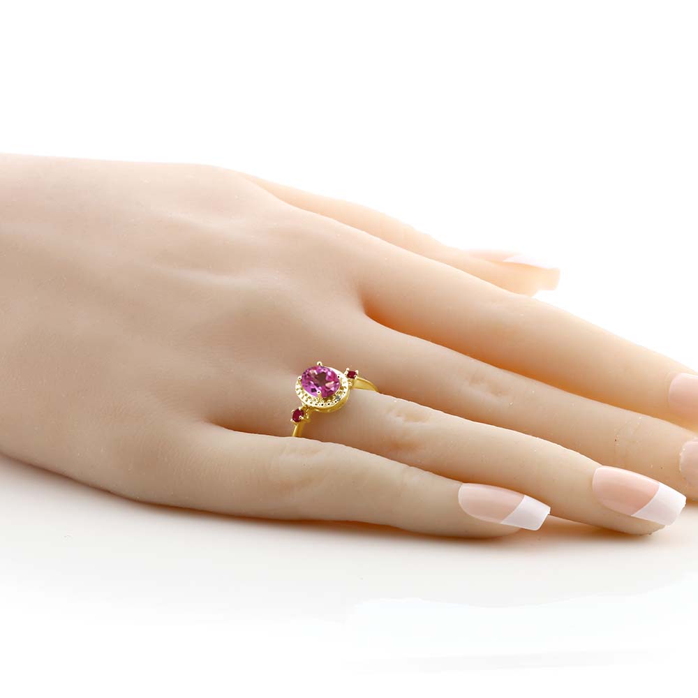 Gem Stone King Pink Mystic Topaz and Ruby 18K Yellow Gold Plated Silver Ring With Accent Diamond