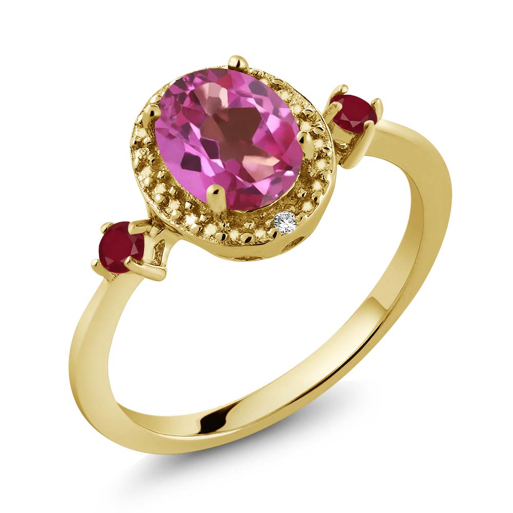 Gem Stone King Pink Mystic Topaz and Ruby 18K Yellow Gold Plated Silver Ring With Accent Diamond