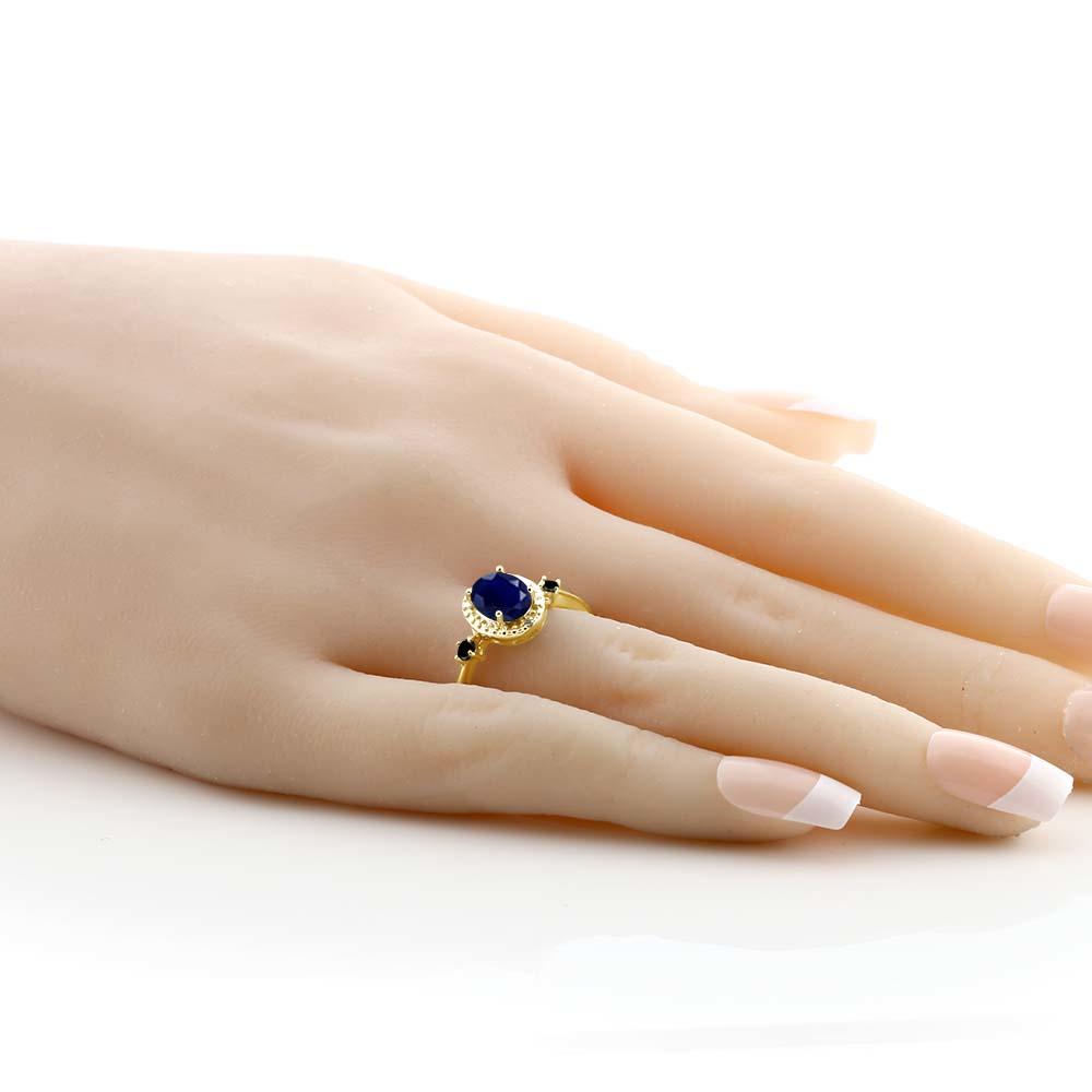 Gem Stone King 1.93 Ct Oval Sapphire 18K Yellow Gold Plated Silver Ring With Accent Diamond