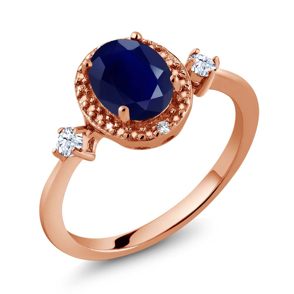 Gem Stone King 1.90 Ct Blue Sapphire 18K Rose Gold Plated Silver Ring With Accent Diamond