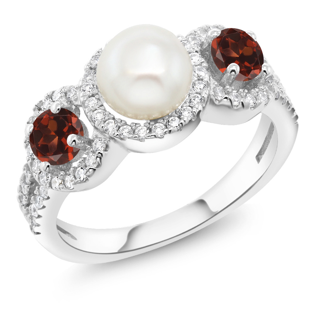 Gem Stone King 1.54 Ct Round Cultured Freshwater Pearl Red Garnet 925 Sterling Silver Ring