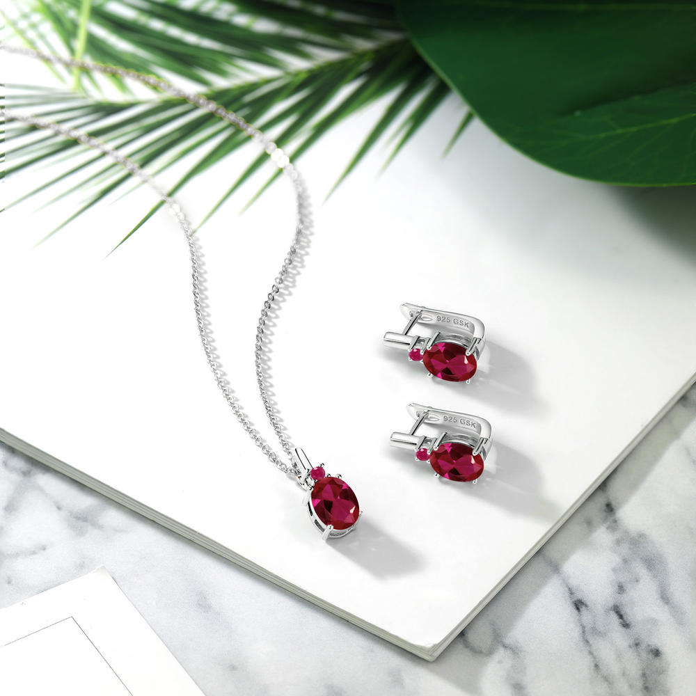 Gem Stone King 6.11 Ct Oval Red Created Ruby Red Ruby 925 Sterling Silver Pendant and Earrings Jewelry Set