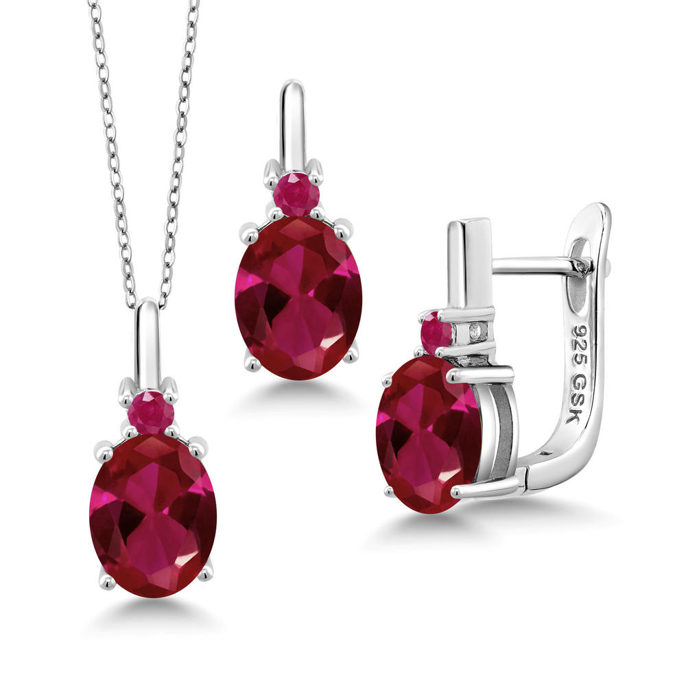 Gem Stone King 6.11 Ct Oval Red Created Ruby Red Ruby 925 Sterling Silver Pendant and Earrings Jewelry Set