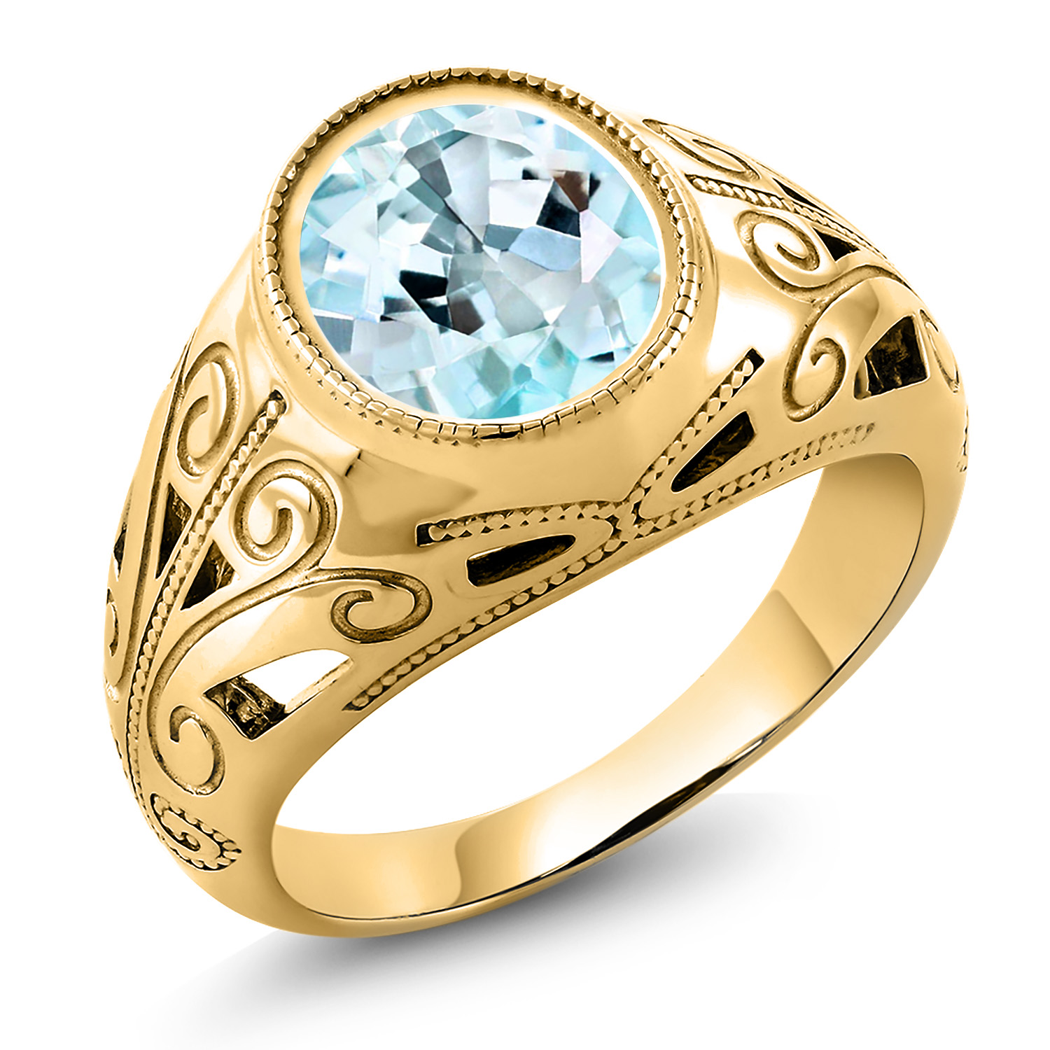 Gem Stone King 6.00 Ct Oval Sky Blue Topaz 18K Yellow Gold Plated Silver Men's Ring