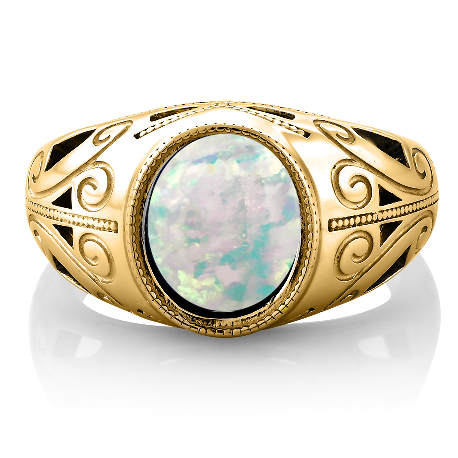 Gem Stone King 4.00 Ct Oval Cabochon White Simulated Opal 18K Yellow Gold Plated Silver Men's Ring