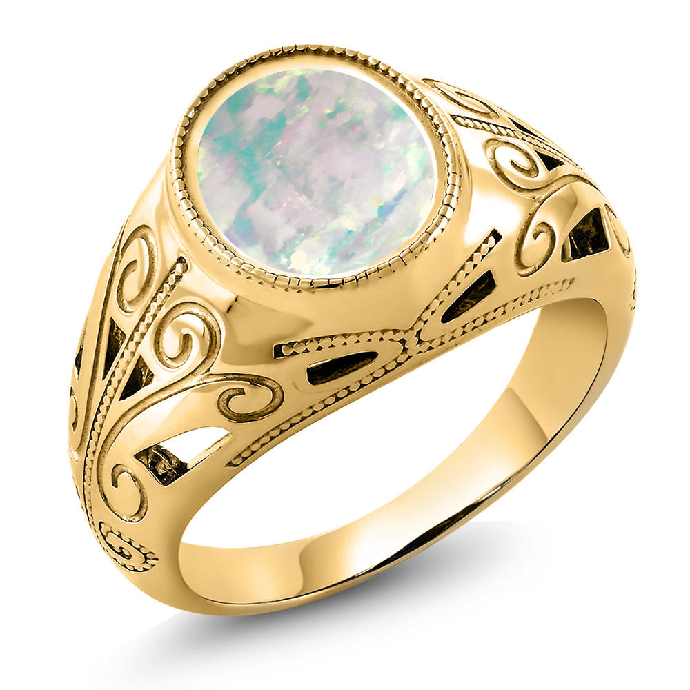 Gem Stone King 4.00 Ct Oval Cabochon White Simulated Opal 18K Yellow Gold Plated Silver Men's Ring