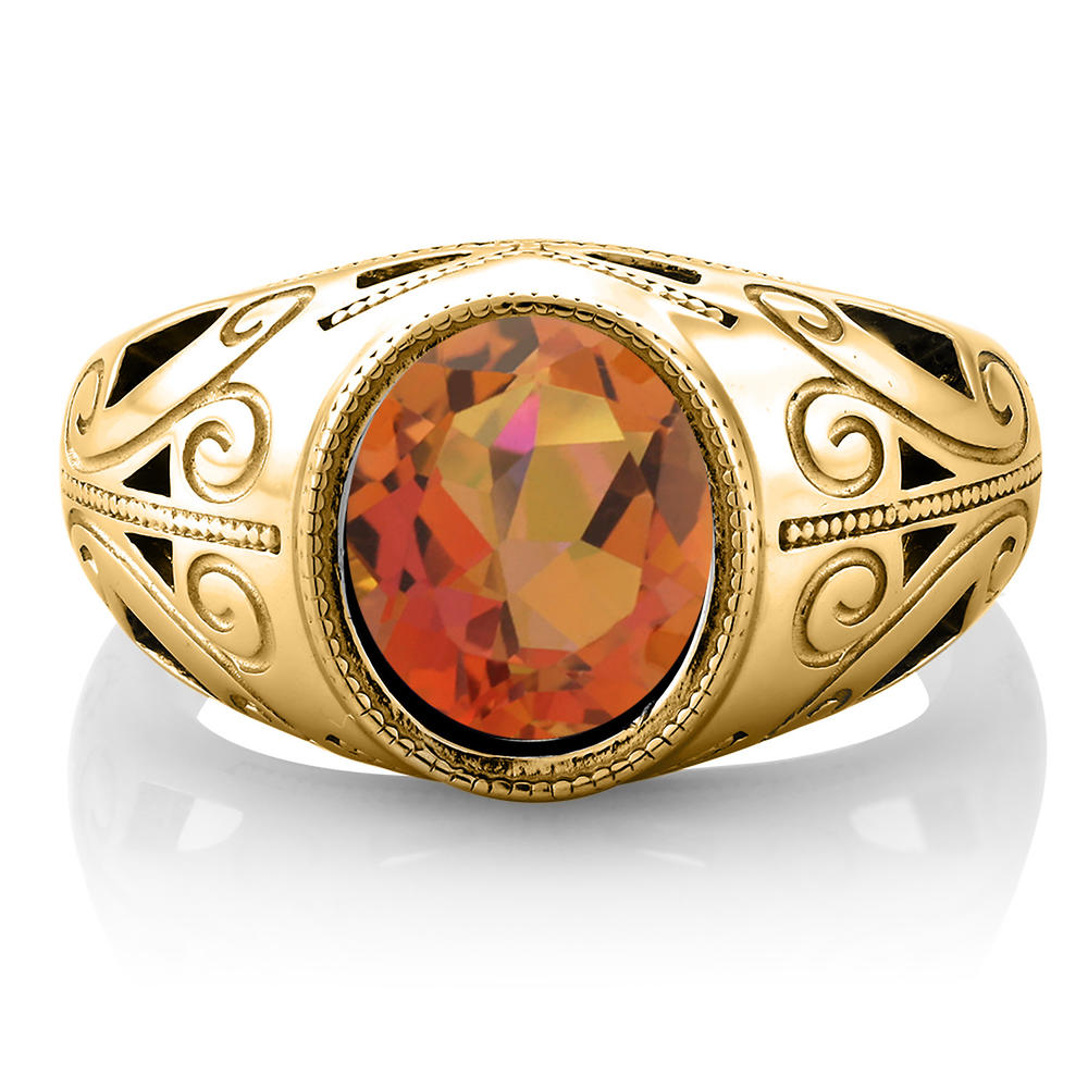 Gem Stone King 4.00 Ct Twilight Orange Mystic Quartz 18K Yellow Gold Plated Silver Men's Ring