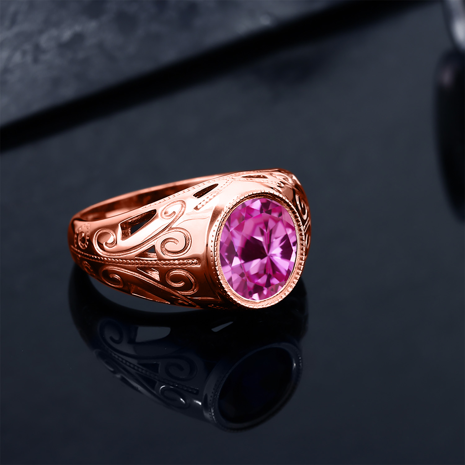 Gem Stone King 7.50 Ct Oval Pink Created Sapphire 18K Rose Gold Plated Silver Men's Ring