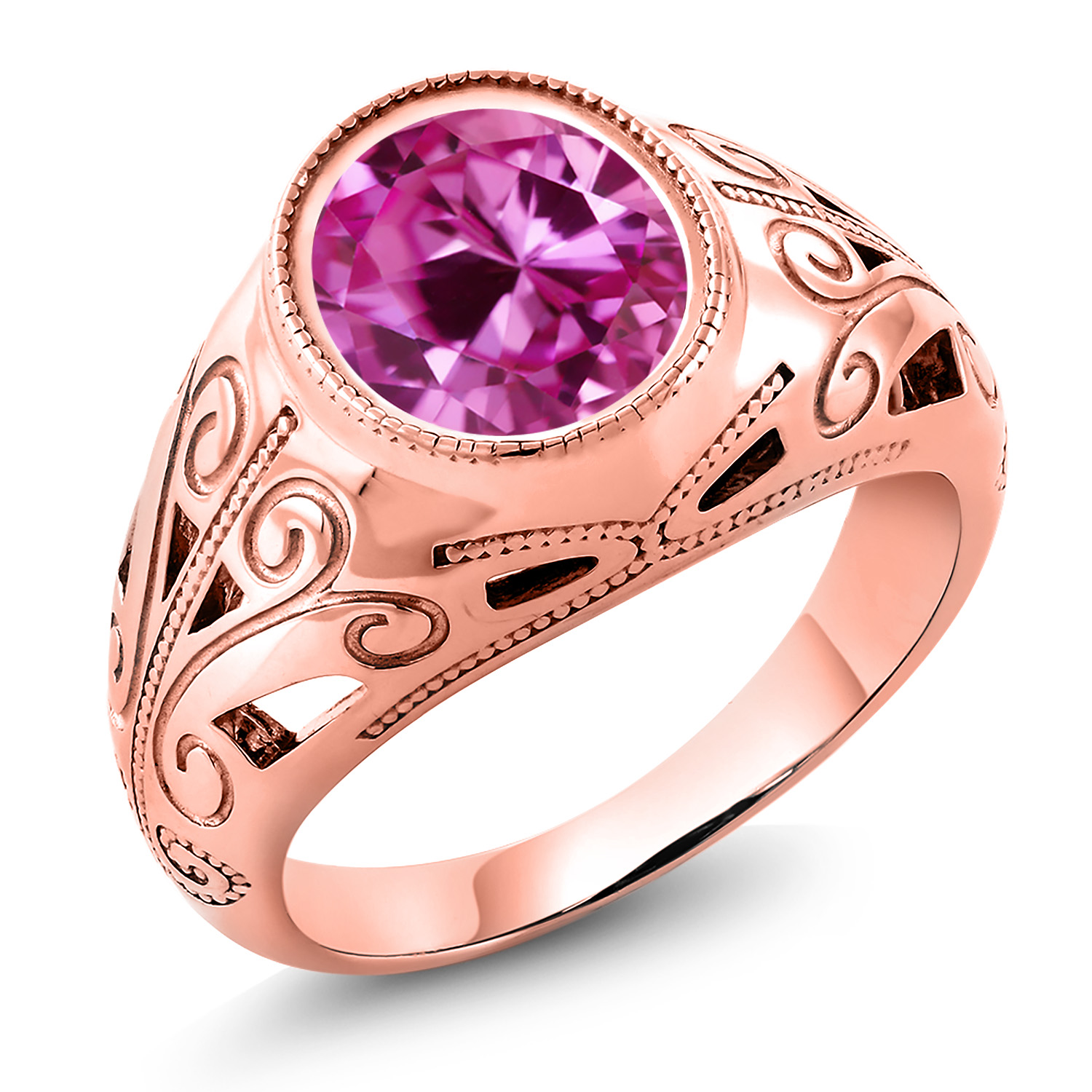 Gem Stone King 7.50 Ct Oval Pink Created Sapphire 18K Rose Gold Plated Silver Men's Ring