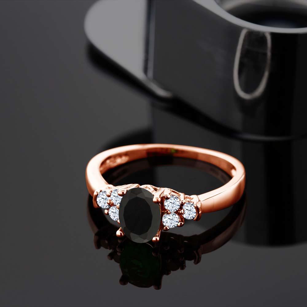 Gem Stone King 0.63 Ct Oval Black Onyx White Topaz 925 Rose Gold Plated Silver Ring