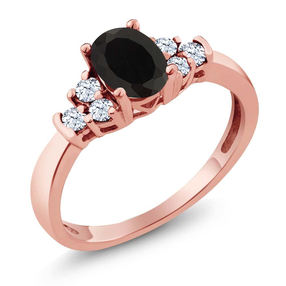 Gem Stone King 0.63 Ct Oval Black Onyx White Topaz 925 Rose Gold Plated Silver Ring