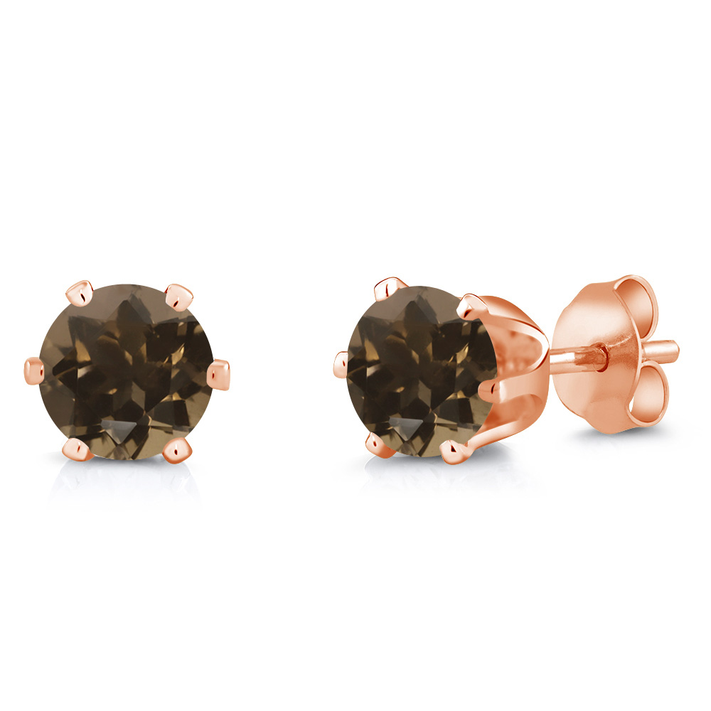 Gem Stone King Brown Smoky Quartz Rose Gold Plated Stud Earrings For Women | 1.60 Cttw | Gemstone Birthstone | Round 6MM