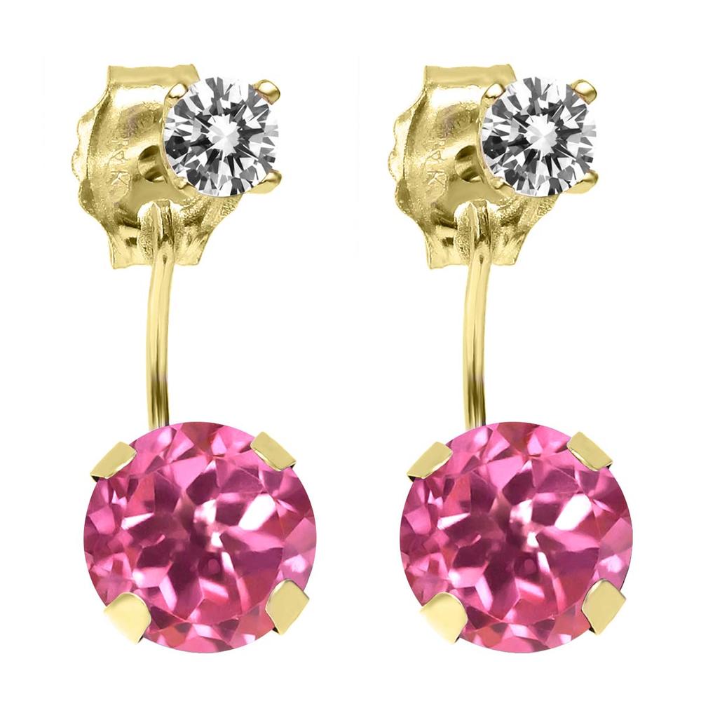 Gem Stone King 2.20 Ct Round Pink Mystic Topaz White Diamond 14K Yellow Gold Earrings