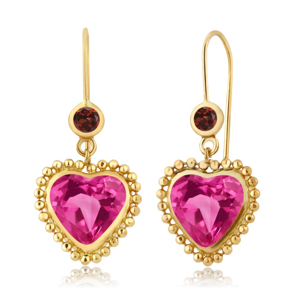 Gem Stone King 4.64 Ct Heart Shape Pink Mystic Topaz Red Garnet 14K Yellow Gold Earrings