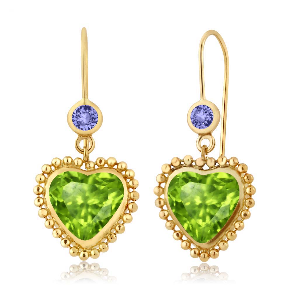 Gem Stone King 3.24 Ct Heart Shape Green Peridot Blue Tanzanite 14K Yellow Gold Earrings