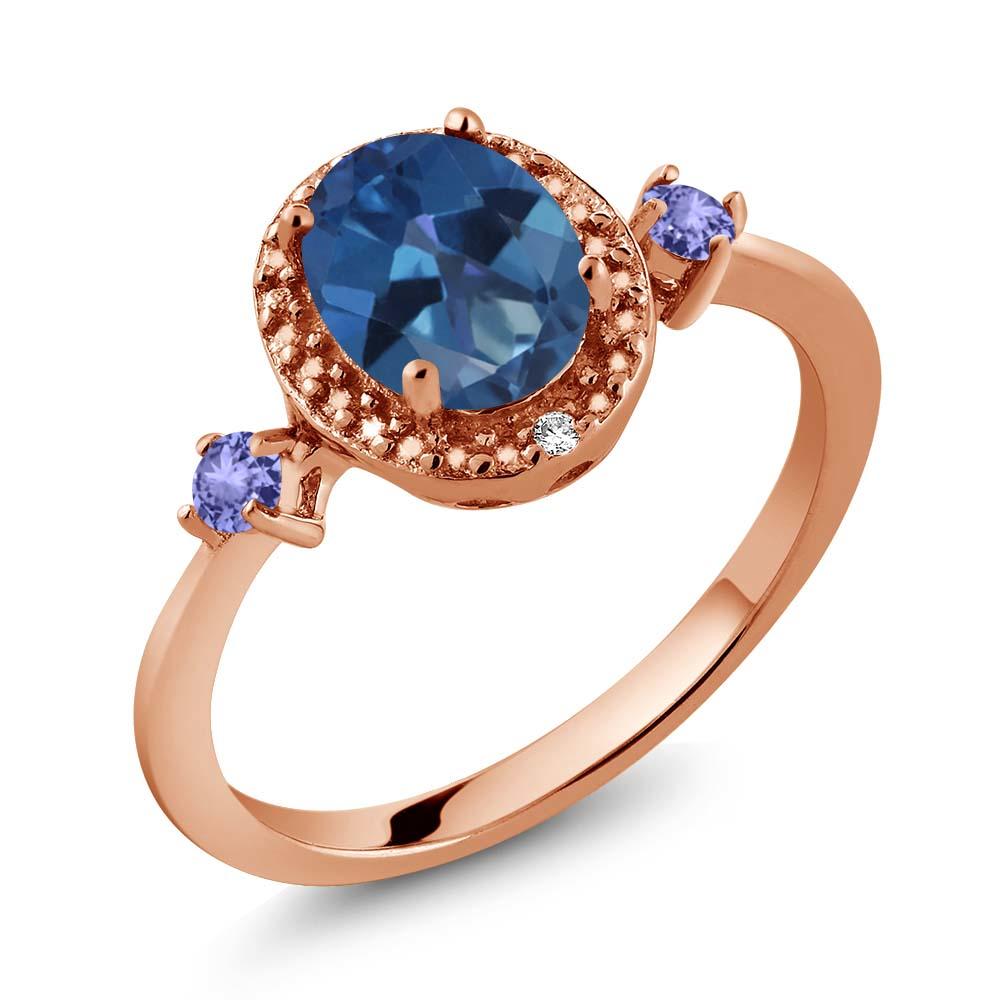 Gem Stone King 1.47 Ct Blue Mystic Topaz Blue Tanzanite 18K Rose Gold Plated Silver Ring With Accent Diamond